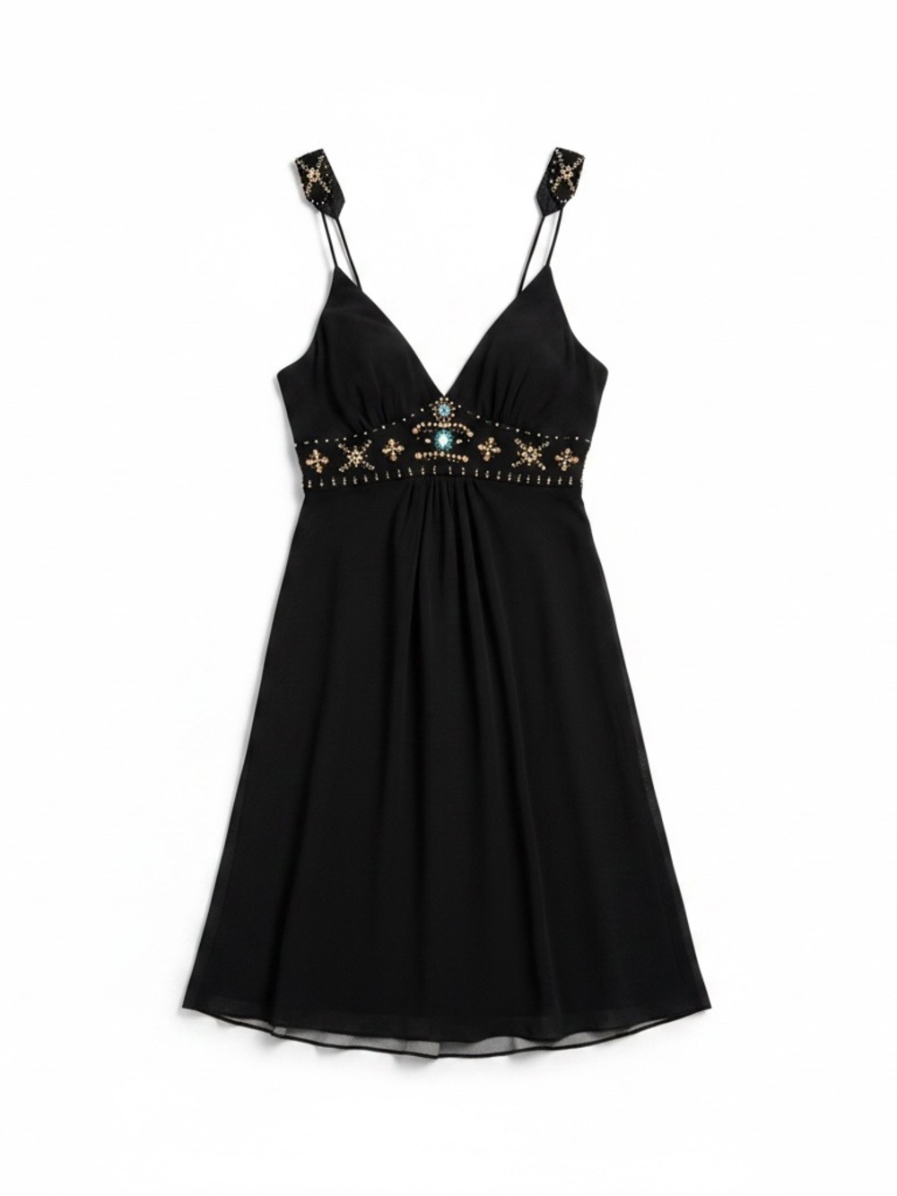 Lapis Black Silk Dress with Gold & Turquoise Embellishments